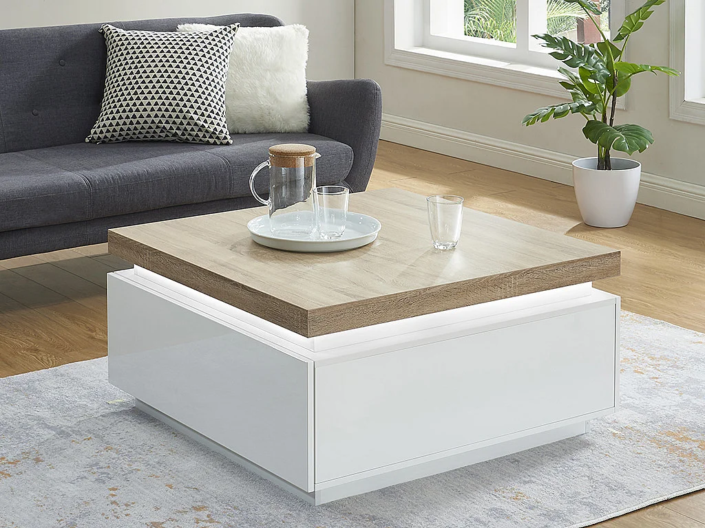 Couchtisch mit 2 Schubladen & LEDs - MDF lackiert - Weiß & Eichefarben - HALO II