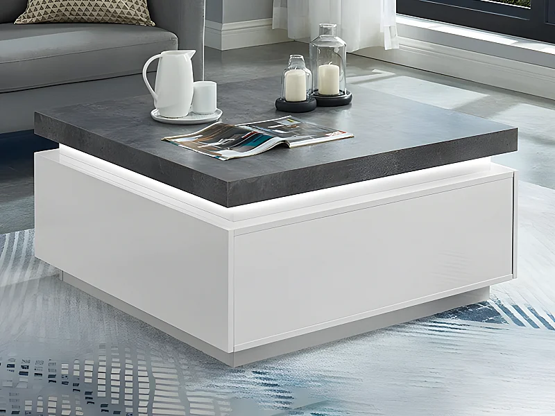 Table basse HALO II - 2 tiroirs - MDF laqué - Avec LEDs - Blanc et Béton