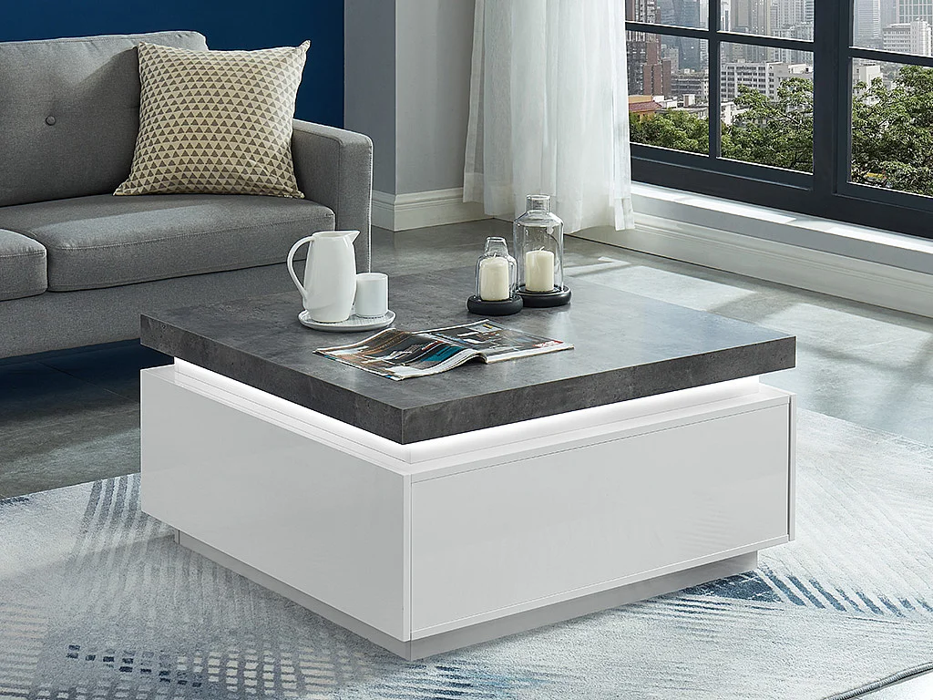 Table basse HALO II - 2 tiroirs - MDF laqué - Avec LEDs - Blanc et Béton