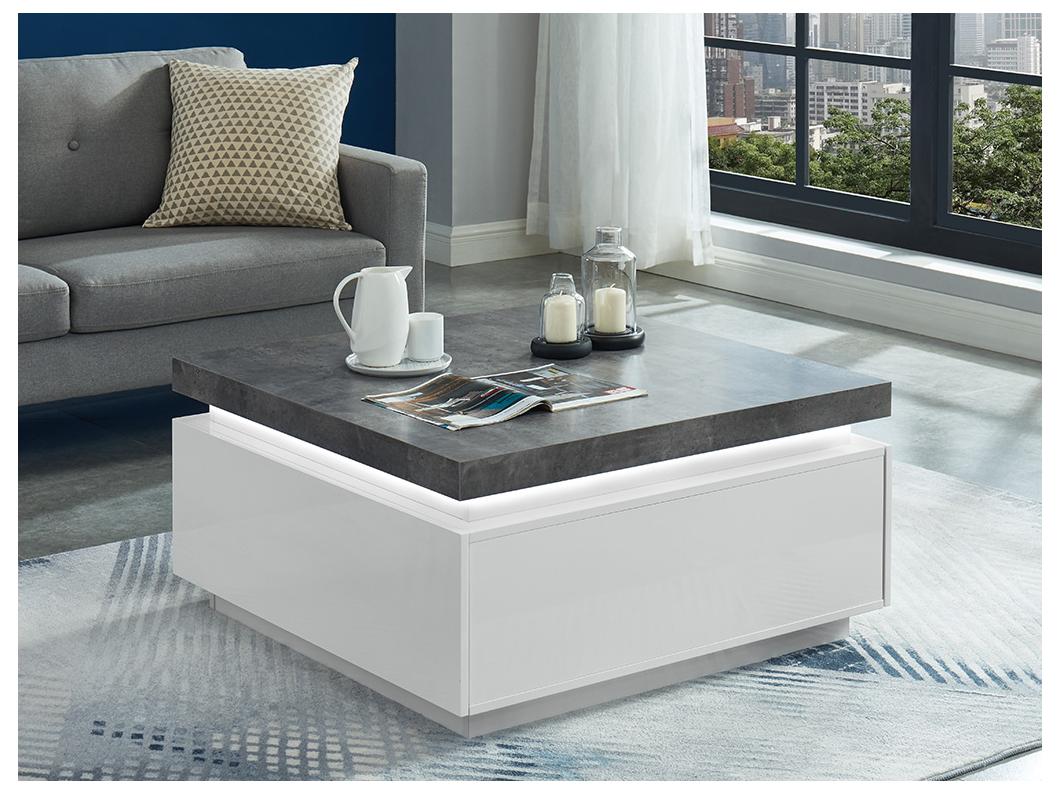 Salontafel HALO II - 2 lades - Gelakt MDF - Met LED-verlichting - Wit en beton