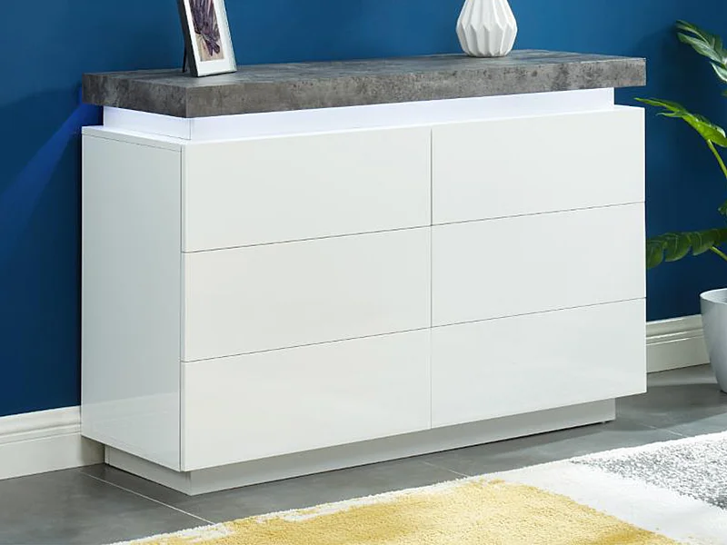 Kommode mit 6 Schubladen & LEDs - MDF lackiert - Weiß & Beton-Optik - HALO II
