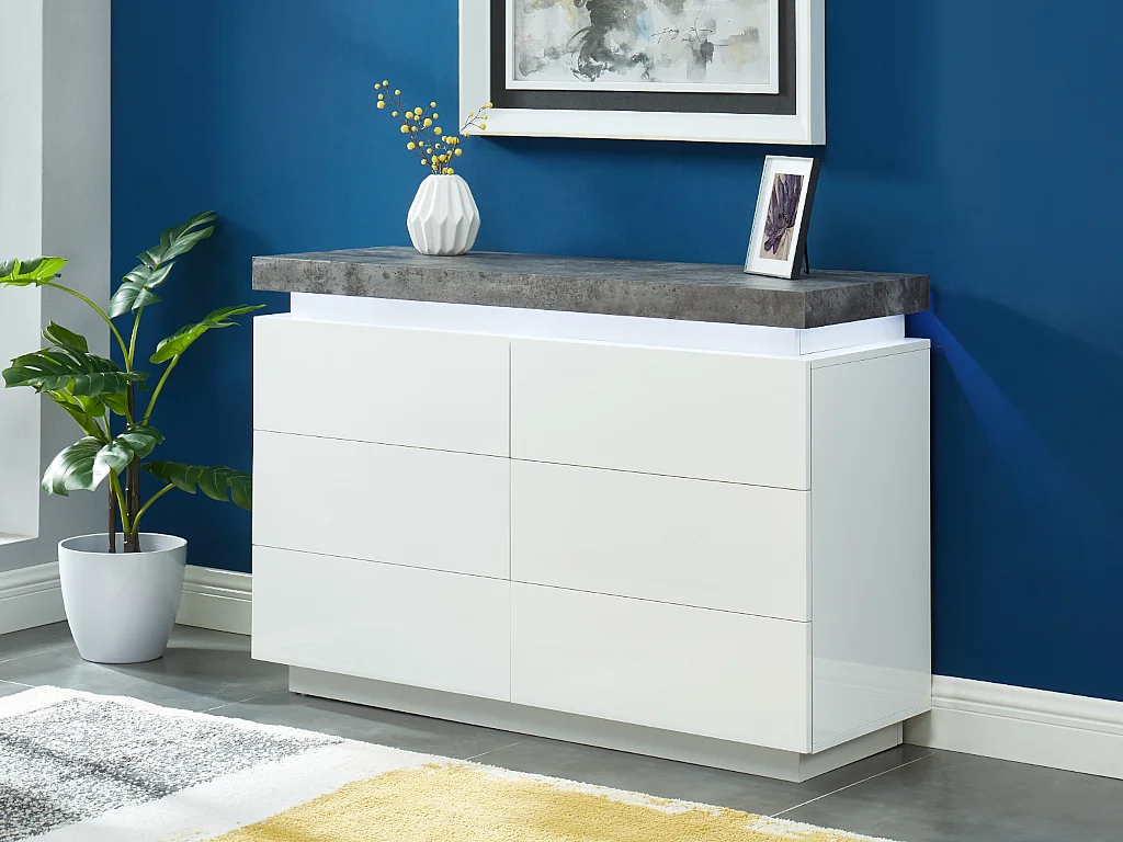 Commode HALO II - 6 tiroirs - MDF laqué - Avec LEDs - Coloris : Blanc et béton