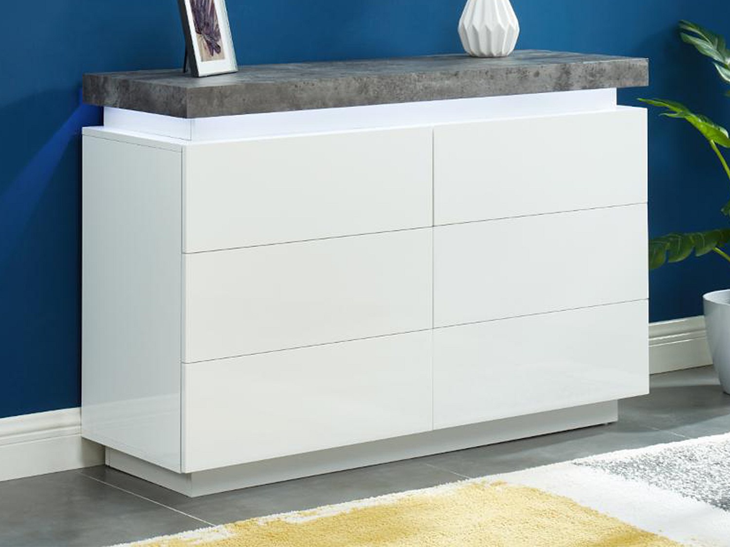 Kommoden HALO II - 6 skuffer - lakkert MDF - Med LED-lys - LED-farger: Hvit og betongm