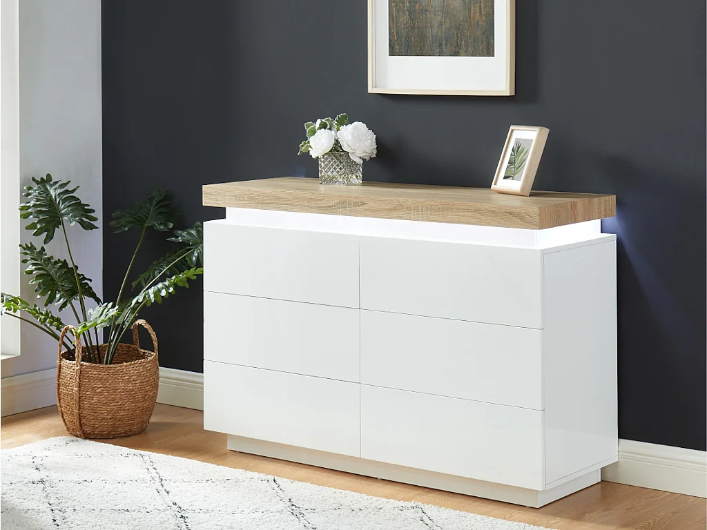 Commode HALO II - 6 tiroirs - MDF laqué - Avec LEDs - Coloris : Blanc et Chêne
