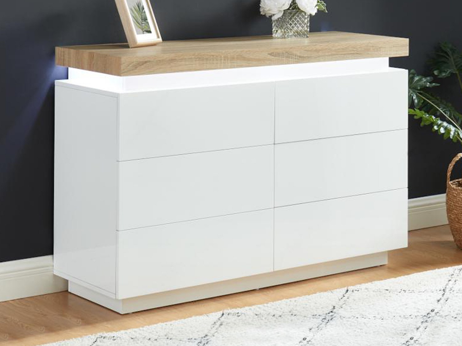 Kommode 6 skuffer i MDF hvit eik med LED HALO II