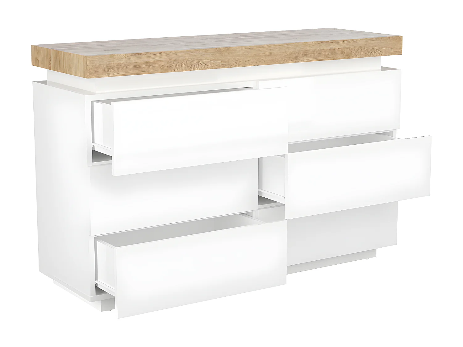 Kommode mit 6 Schubladen & LEDs - MDF lackiert - Weiß & Eichefarben - HALO II