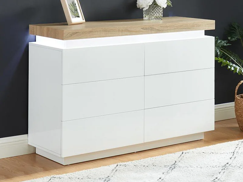Commode HALO II - 6 tiroirs - MDF laqué - Avec LEDs - Coloris : Blanc et Chêne