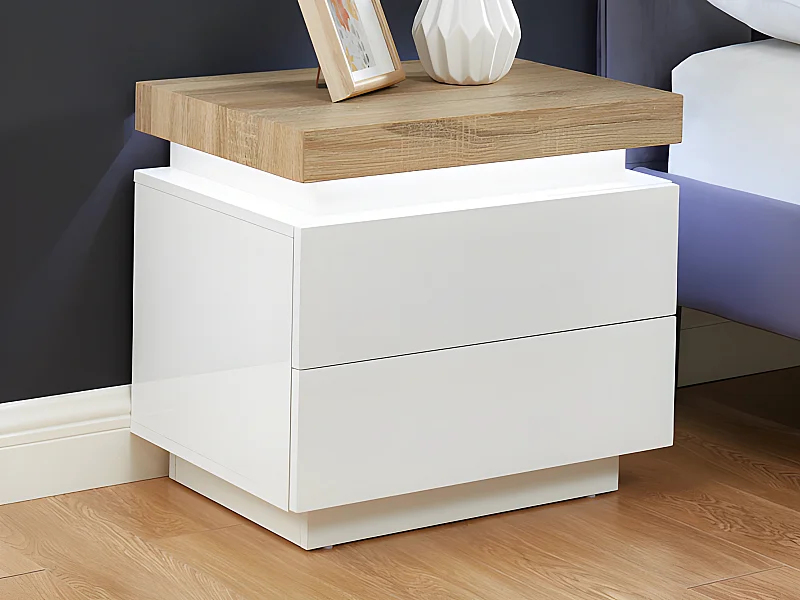 Mesa de cabeceira - 2 gavetas - MDF lacado - Com LEDs - Cor: branco e carvalho - HALO II