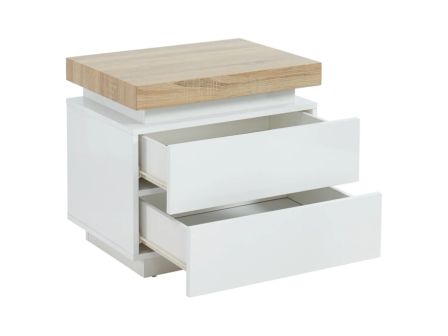Mesa de noche - 2 cajones - MDF lacado - Con LEDs - Color: blanco y roble - HALO II