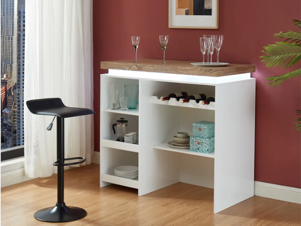 Meuble de bar HALO II - MDF laqué blanc - LEDs - Blanc et Chêne