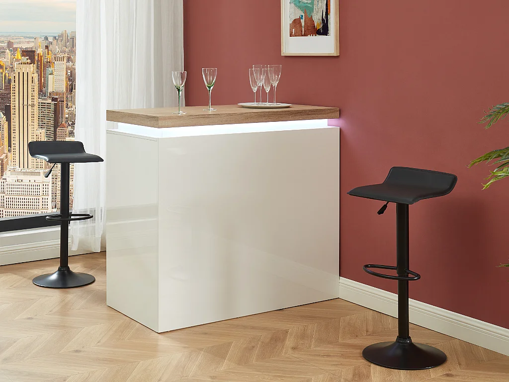 Meuble de bar HALO II - MDF laqué blanc - LEDs - Blanc et Chêne