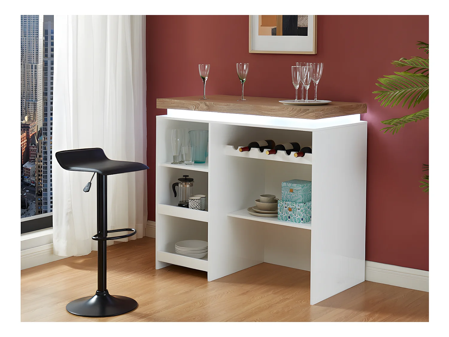 Meuble de bar HALO II - MDF laqué blanc - LEDs - Blanc et Chêne