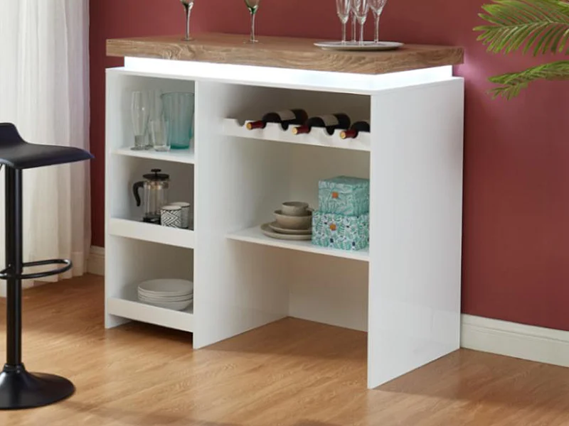 Meuble de bar HALO II - MDF laqué blanc - LEDs - Blanc et Chêne