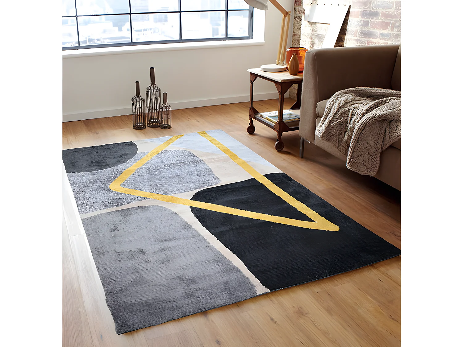 Tapis style contemporain - 160 x 230 cm - Gris, noir et doré - PICADILLY
