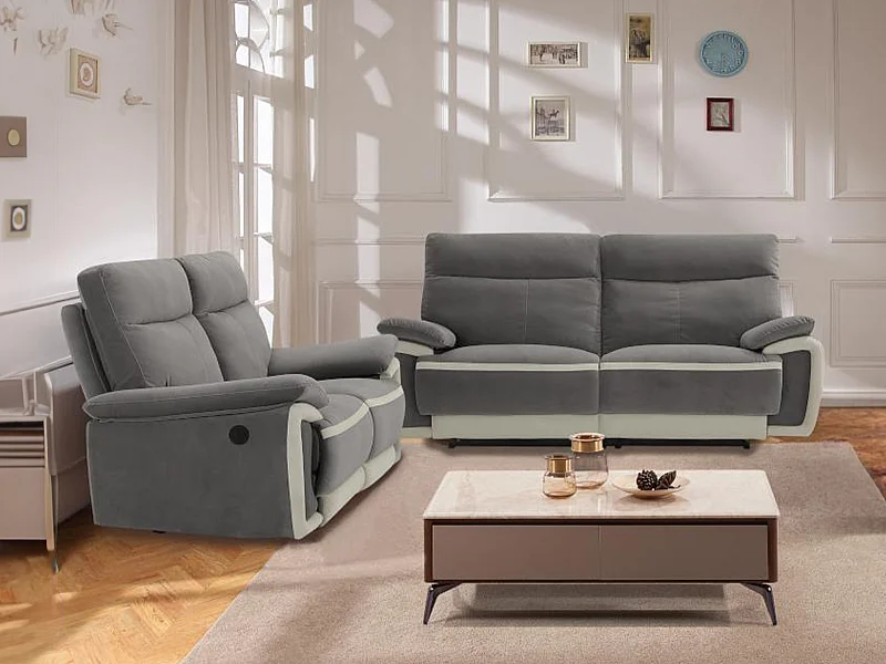 Canapé 2 places relax électrique en velours METTI  - Gris et bandes écru