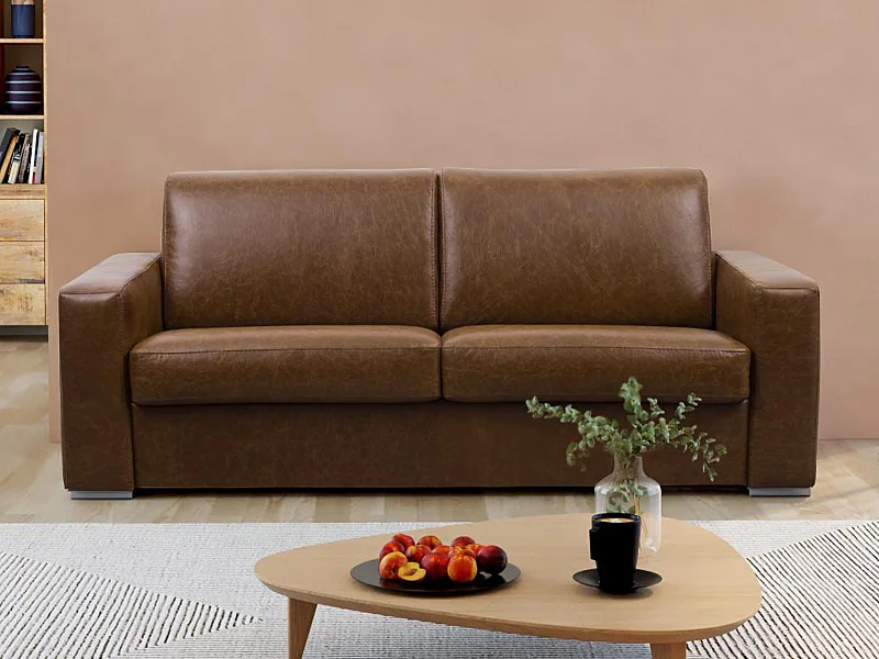 3-sits bäddsoffa express 100% vintage karamellbrunt buffelläder med 13 cm madrass DELECTEA II