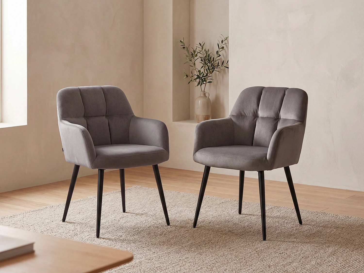 Lot de 6 chaises  avec accoudoirs - Velours et métal - Gris - PEGA