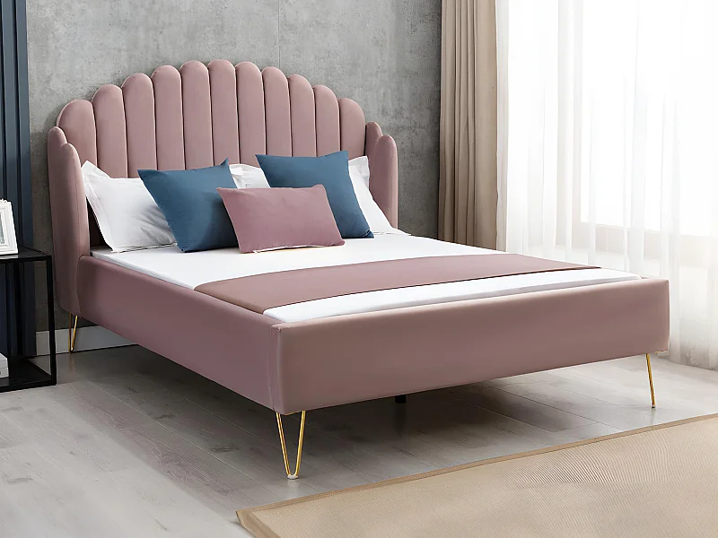 Letto con testata letto ondulata 160 x 200 cm Velluto Rosa antico - SAGALI