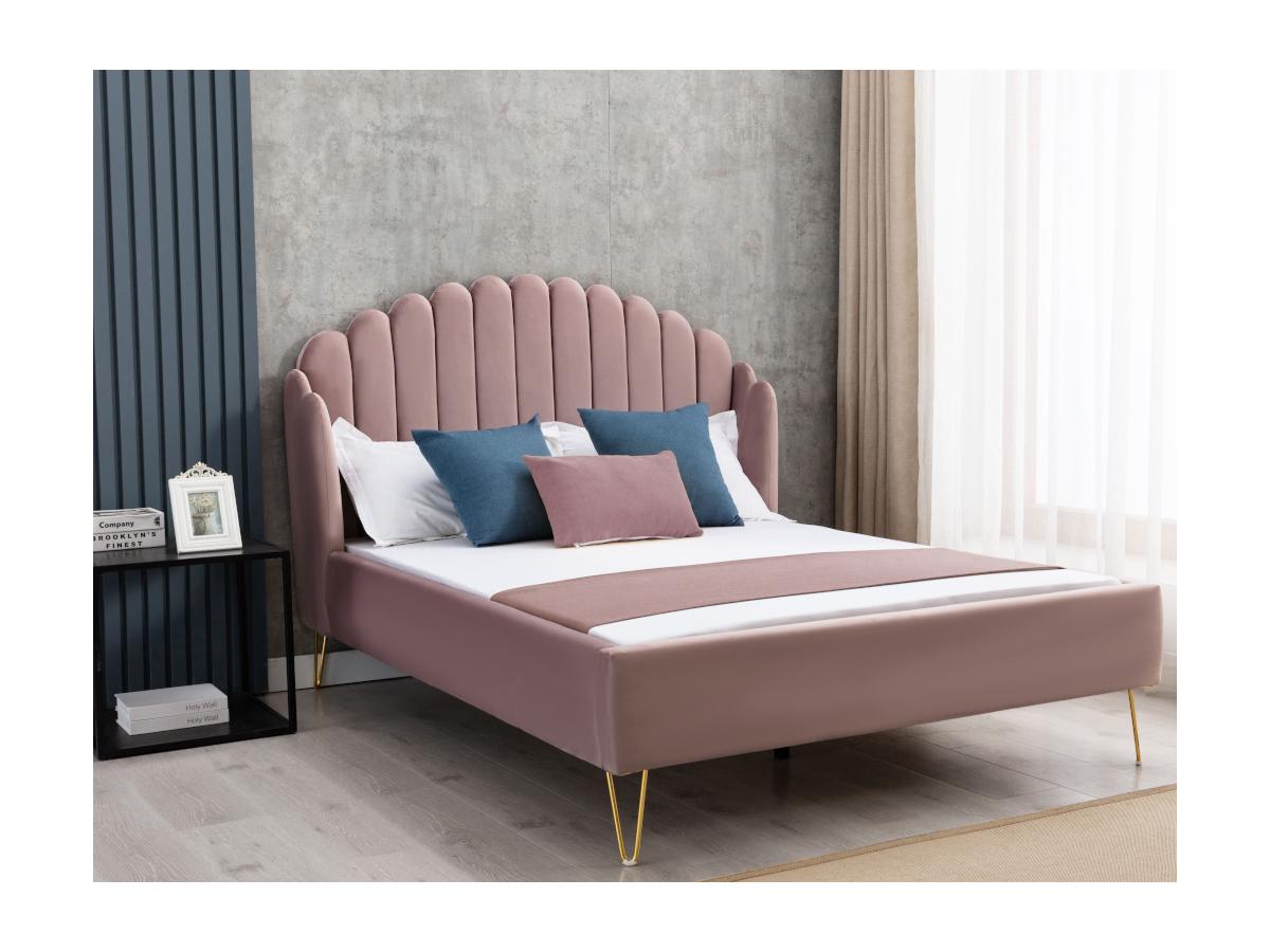 Cama con cabecero ondulado 160 x 200 cm Terciopelo rosa charme vintage EMMA