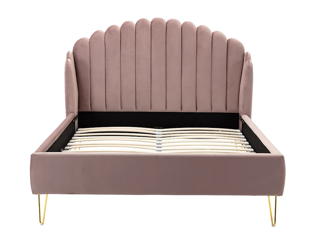 Cama com cabeceira de cama ondulada de 160 x 200 cm em veludo cor-de-rosa velho - SAGALI