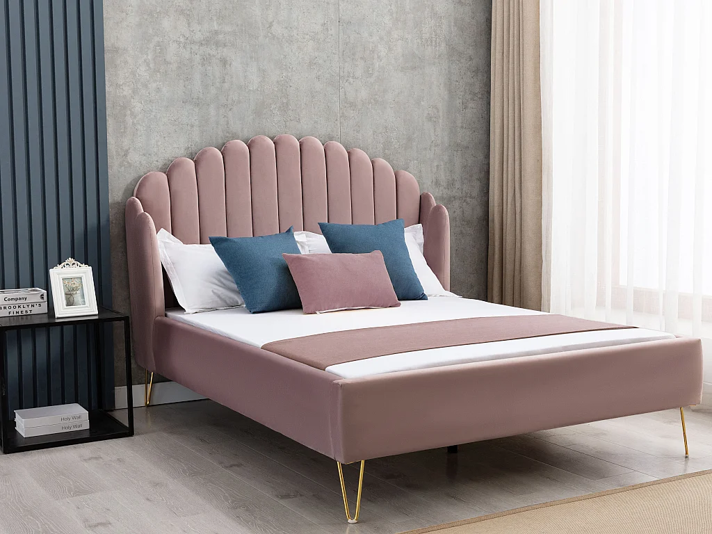 Lit 140 x 190 cm avec tête de lit ondulée - Velours - Vieux rose - SAGALI