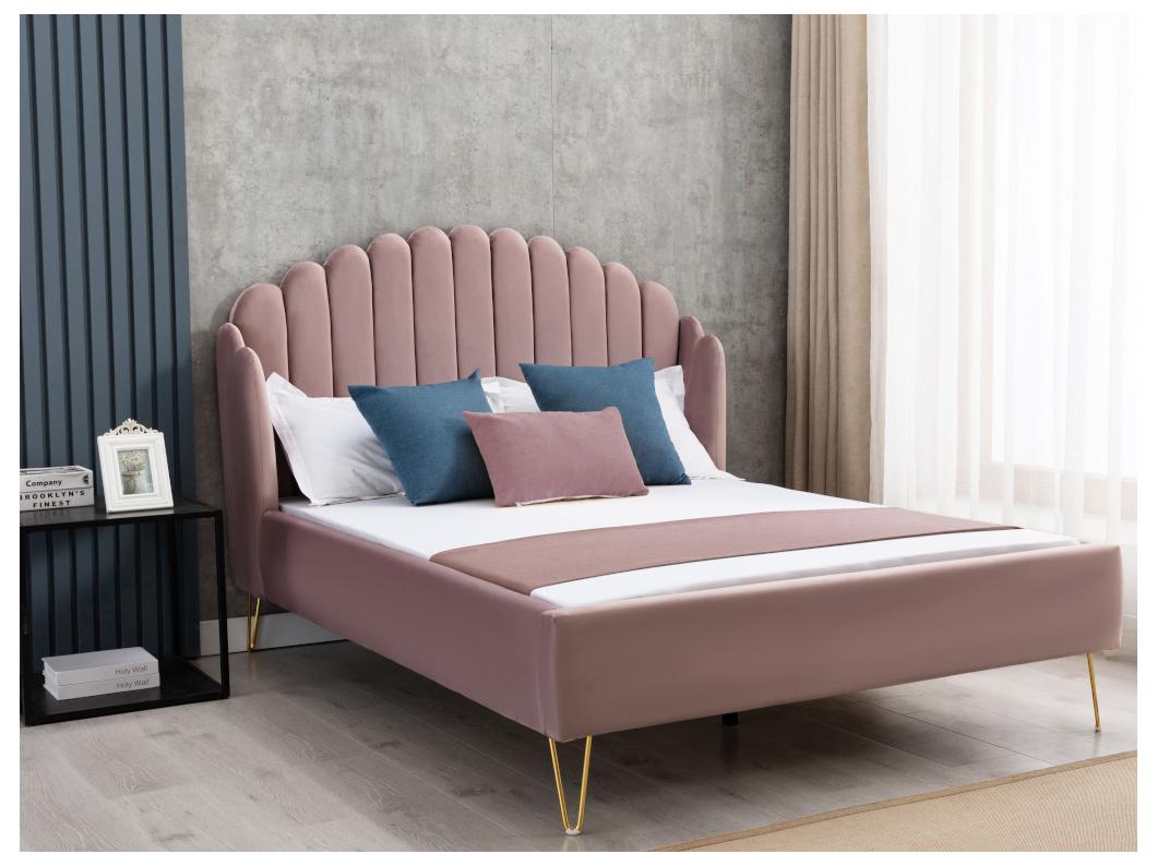 Łóżko z wypukłym zagłówkiem – 140 × 190 cm – welur – kolor pudrowy różowy - SAGALI