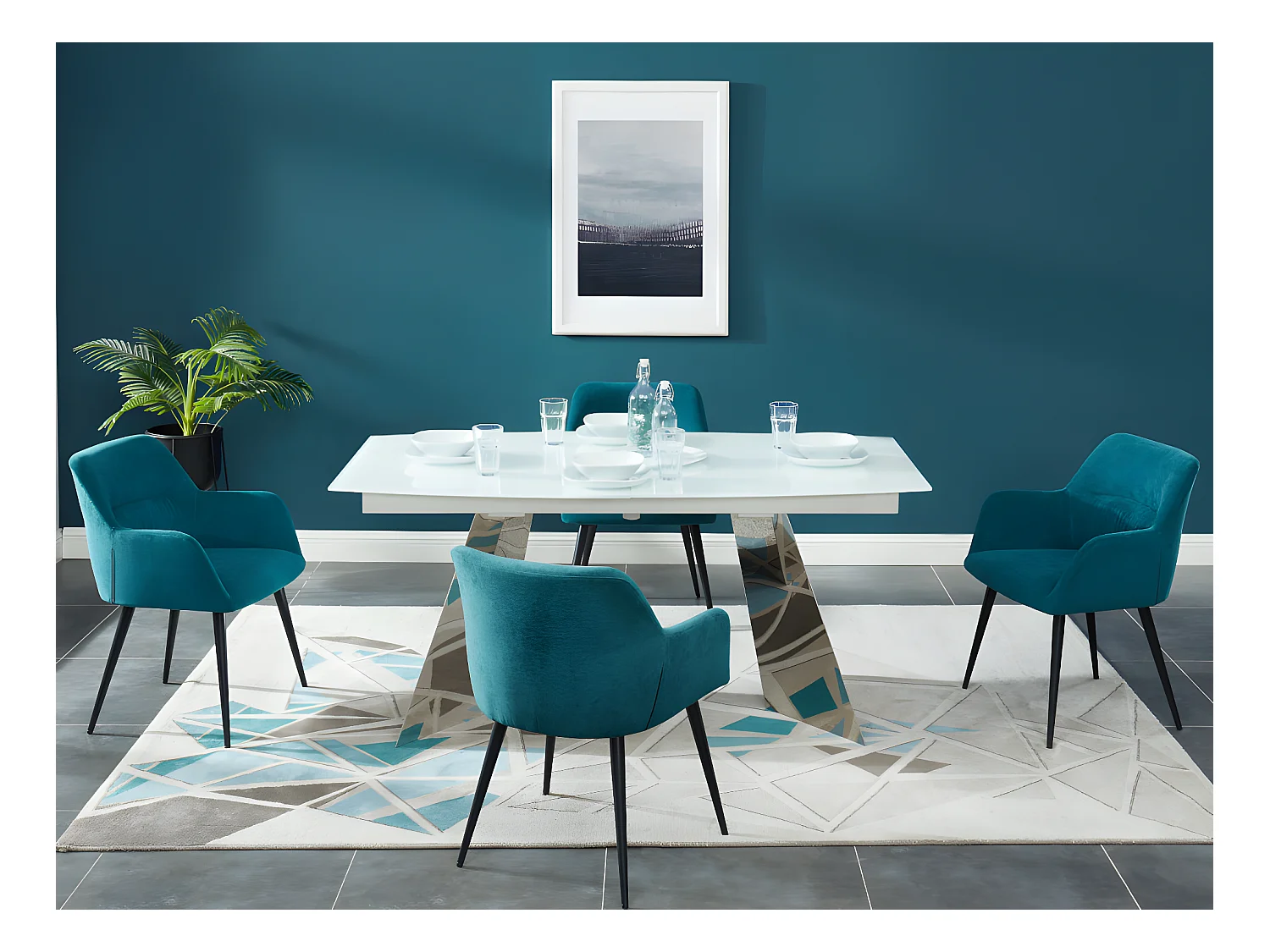 Lot de 6 chaises avec accoudoirs en tissu et métal noir - Bleu - HEKA