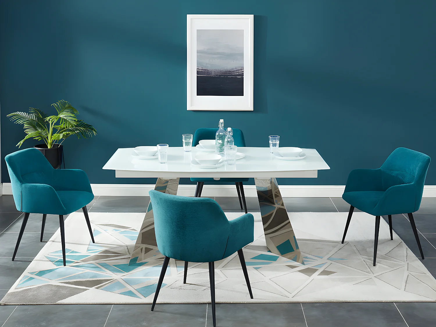 Lot de 6 chaises avec accoudoirs en tissu et métal noir - Bleu - HEKA