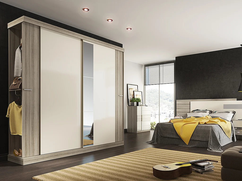 Armoire 2 portes coulissantes - Avec miroir - L231cm - Coloris : Naturel et ivoire - ADALRIK II