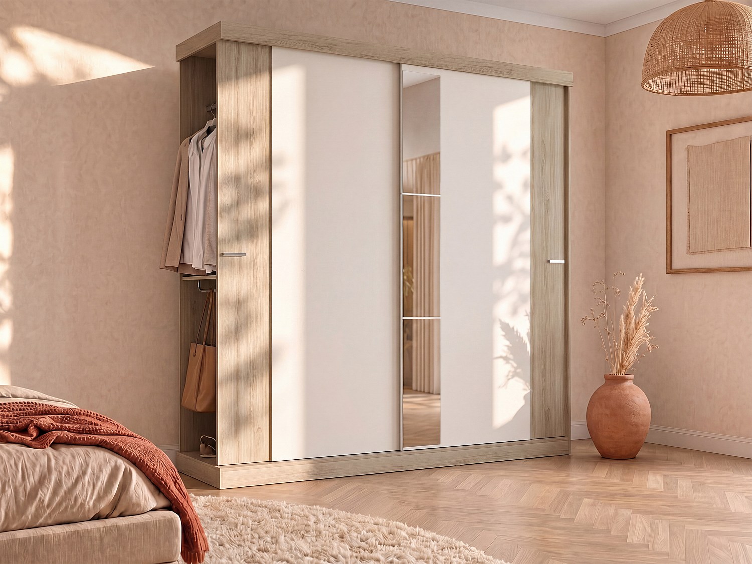 Kleiderschrank mit 2 Schiebetüren + Spiegel - B. 231 cm - Eichefarben & Elfenbein - ADALRIK II