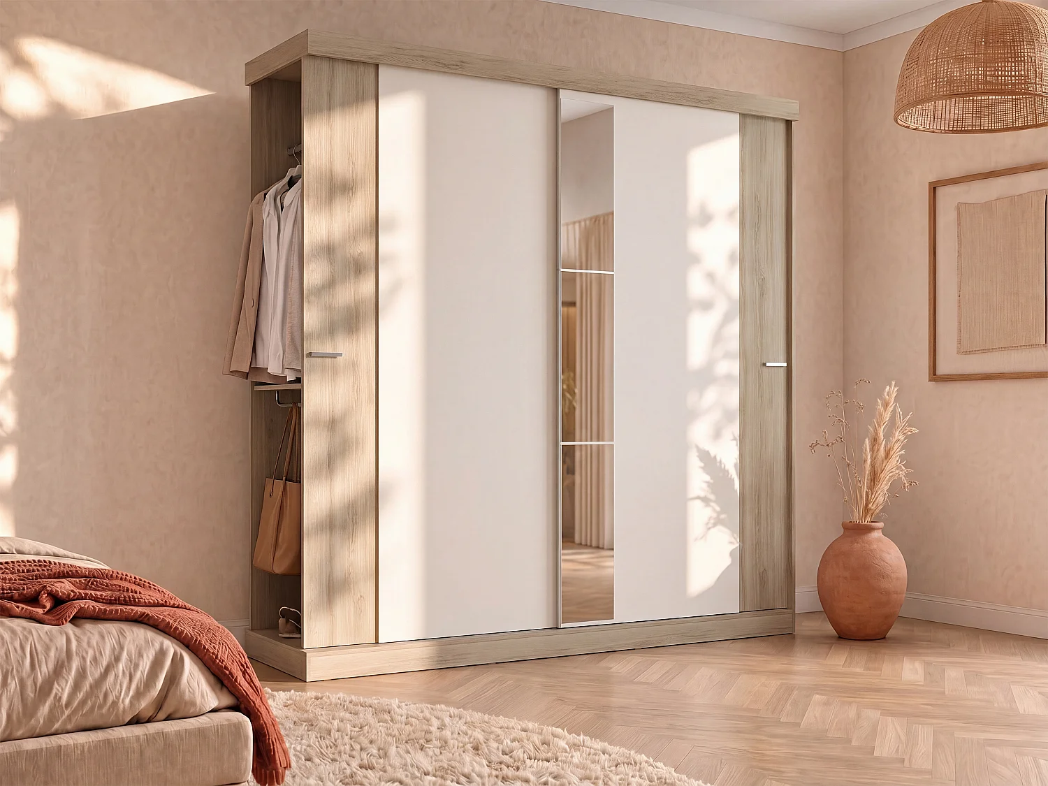 Wardrobe with 2 sliding doors - With mirror - L 231 cm - Natural and ivory - ADALRIK II