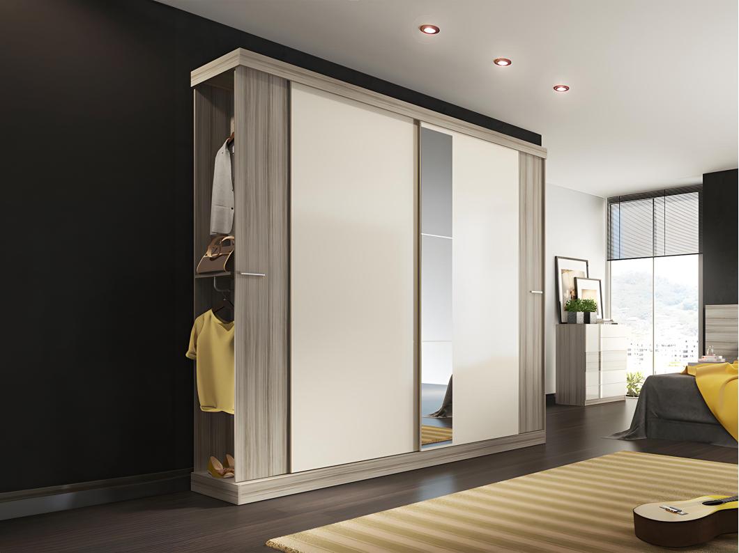 Armario 2 puertas correderas - Con espejo - - Largo 231 cm - Color natural y blanco marfil - ADALRIK II