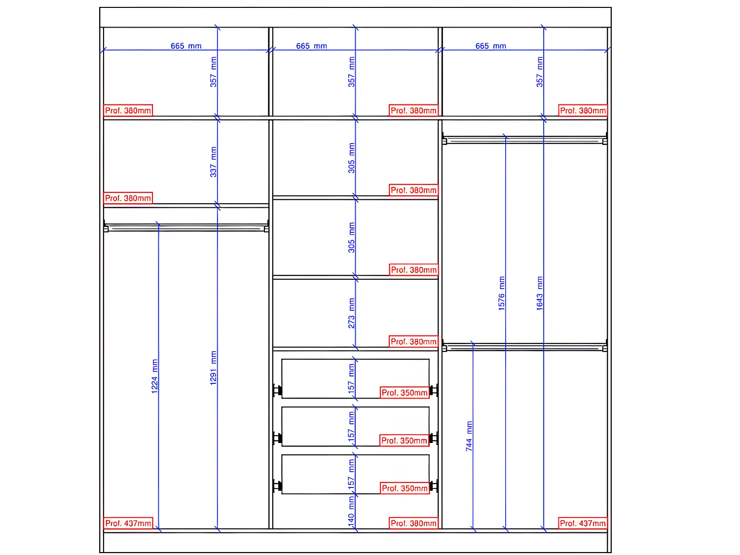 Kleiderschrank mit 3 Schiebetüren & Spiegel - B. 205 cm - Naturfarben & Beige - DIDDA II