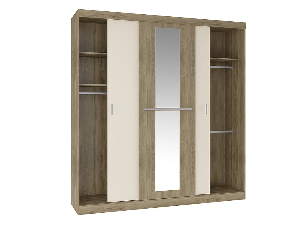 Kleiderschrank mit 3 Schiebetüren & Spiegel - B. 205 cm - Naturfarben & Beige - DIDDA II