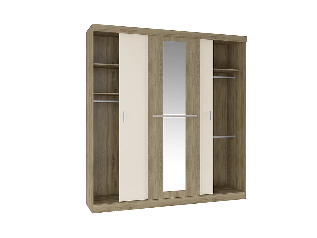 Armoire 3 portes coulissantes - Avec miroir - L205 cm - Naturel et beige - DIDDA II
