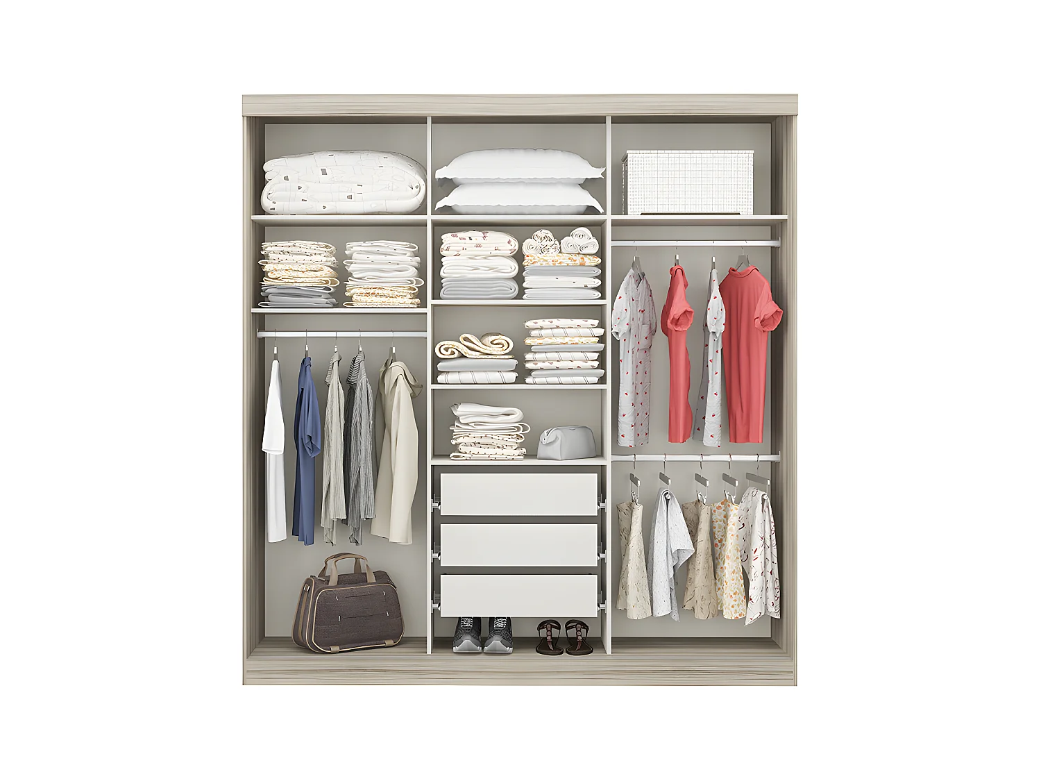 Armoire 3 portes coulissantes - Avec miroir - L205 cm - Naturel et beige - DIDDA II