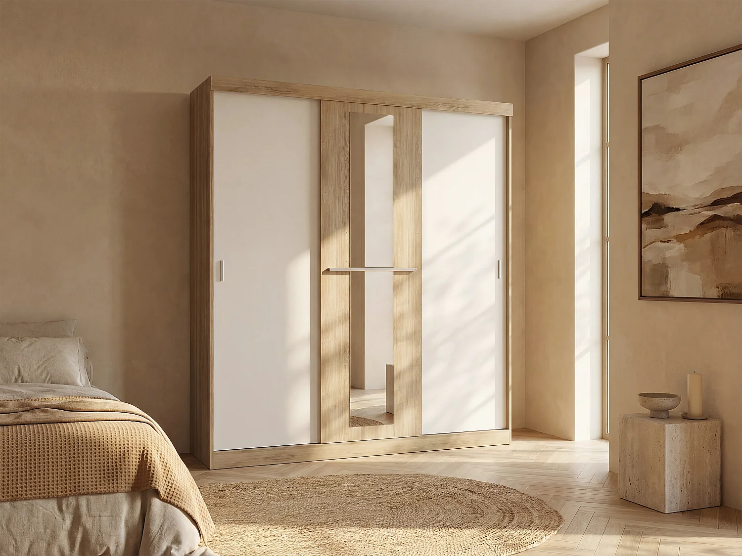 Roupeiro  - 3 portas de correr - com espelho - L205 cm - natural e beige - DIDDA