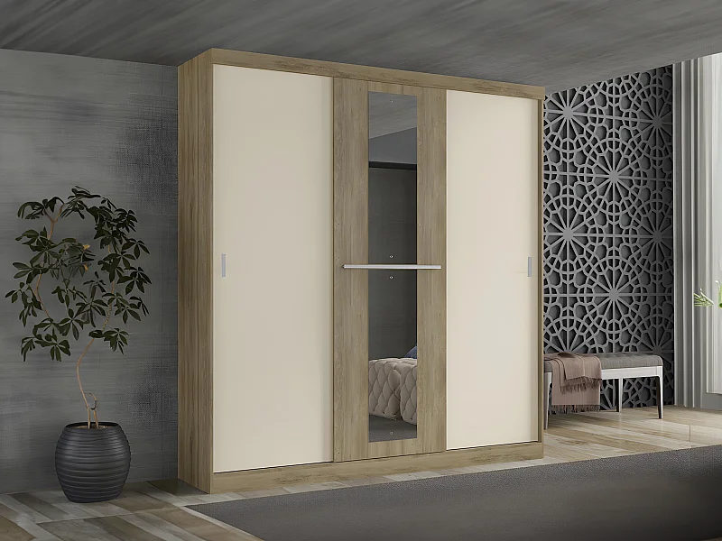 Armoire 3 portes coulissantes - Avec miroir - L205 cm - Naturel et beige - DIDDA II