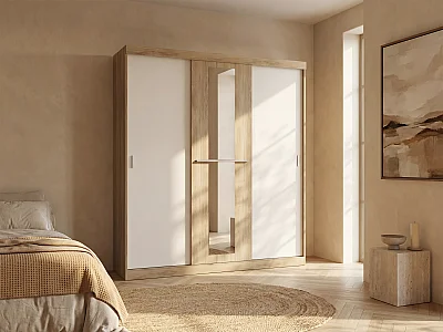Garderob med 3 skjutdörrar - Med spegel - B205 cm - Natur och beige - DIDDA II