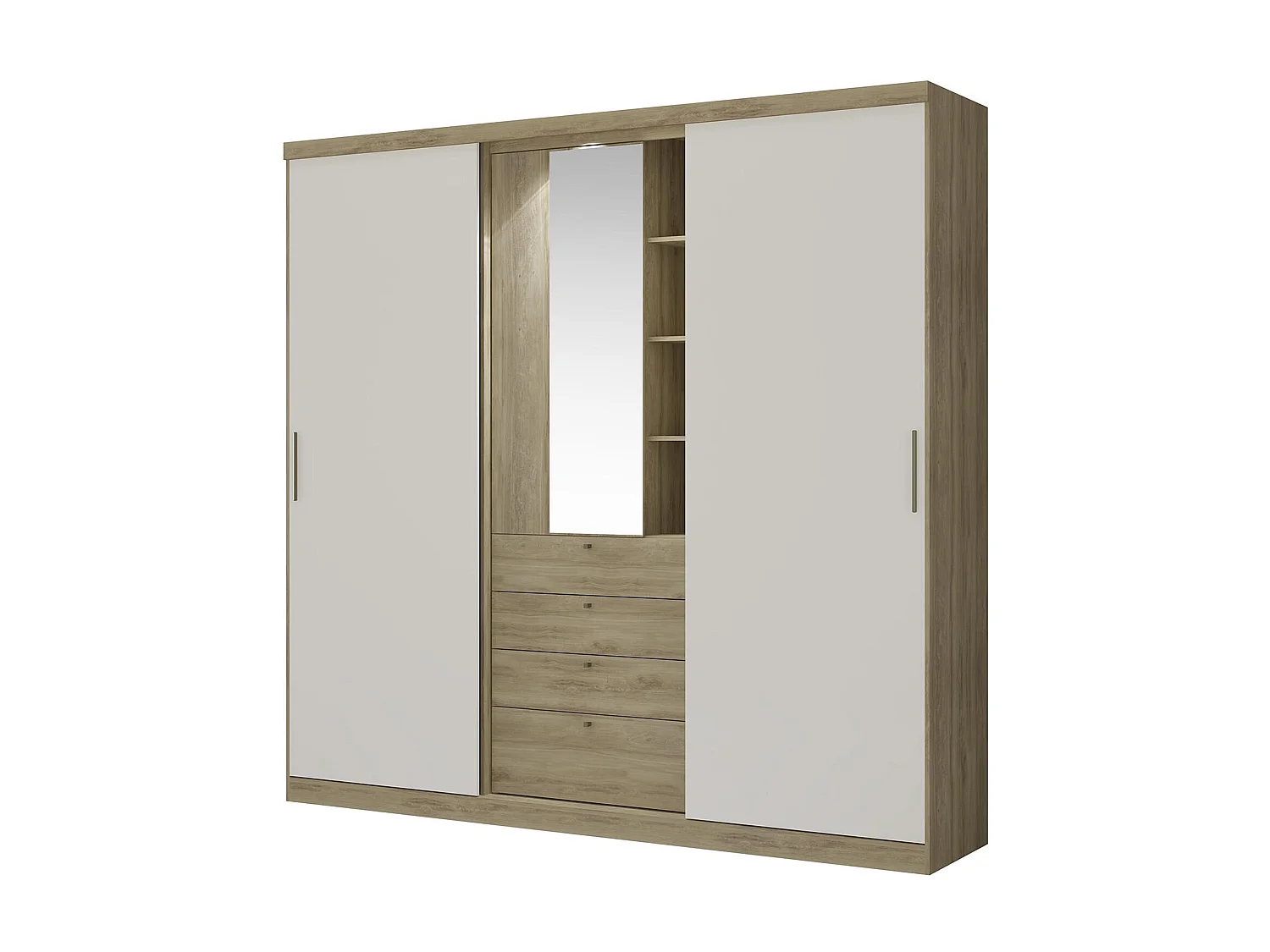 Armoire 2 portes coulissantes - Miroir et tiroirs - L240cm - Coloris : Naturel et ivoire - BODIL II