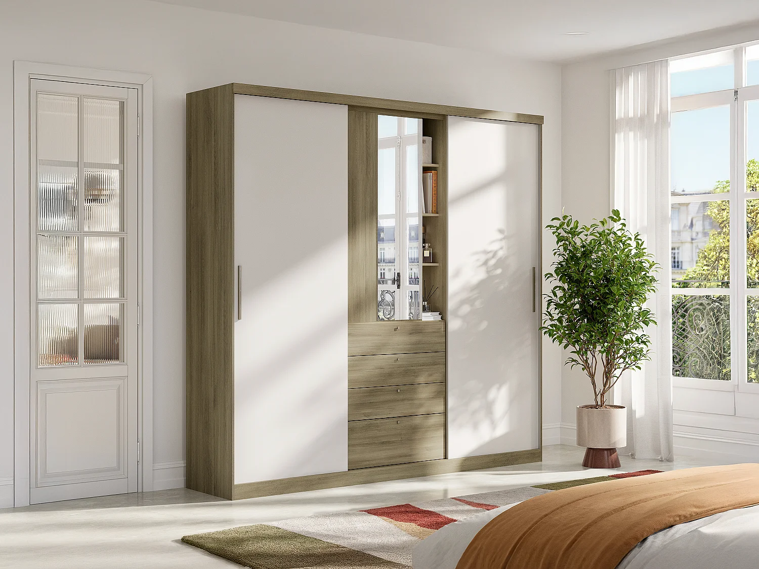 Armoire 2 portes coulissantes - Miroir et tiroirs - L240cm - Coloris : Naturel et ivoire - BODIL II