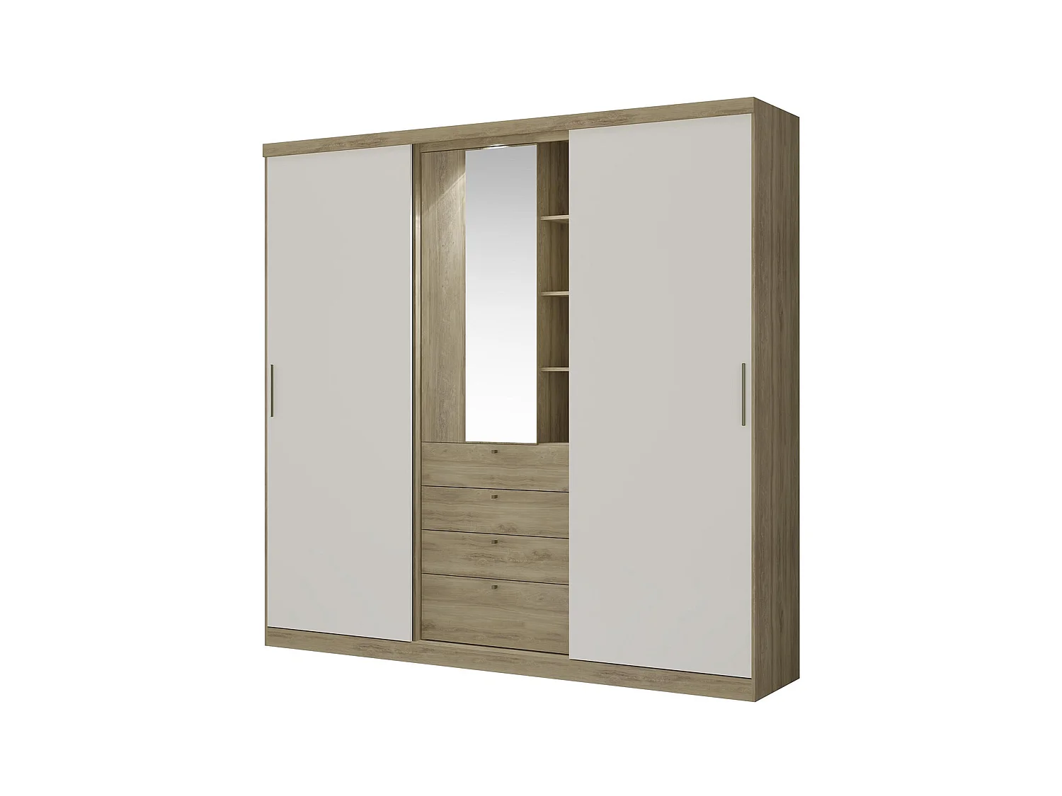 Armario 2 puertas correderas - Espejo y cajones - L.240cm - Natural y marfil - BODIL II