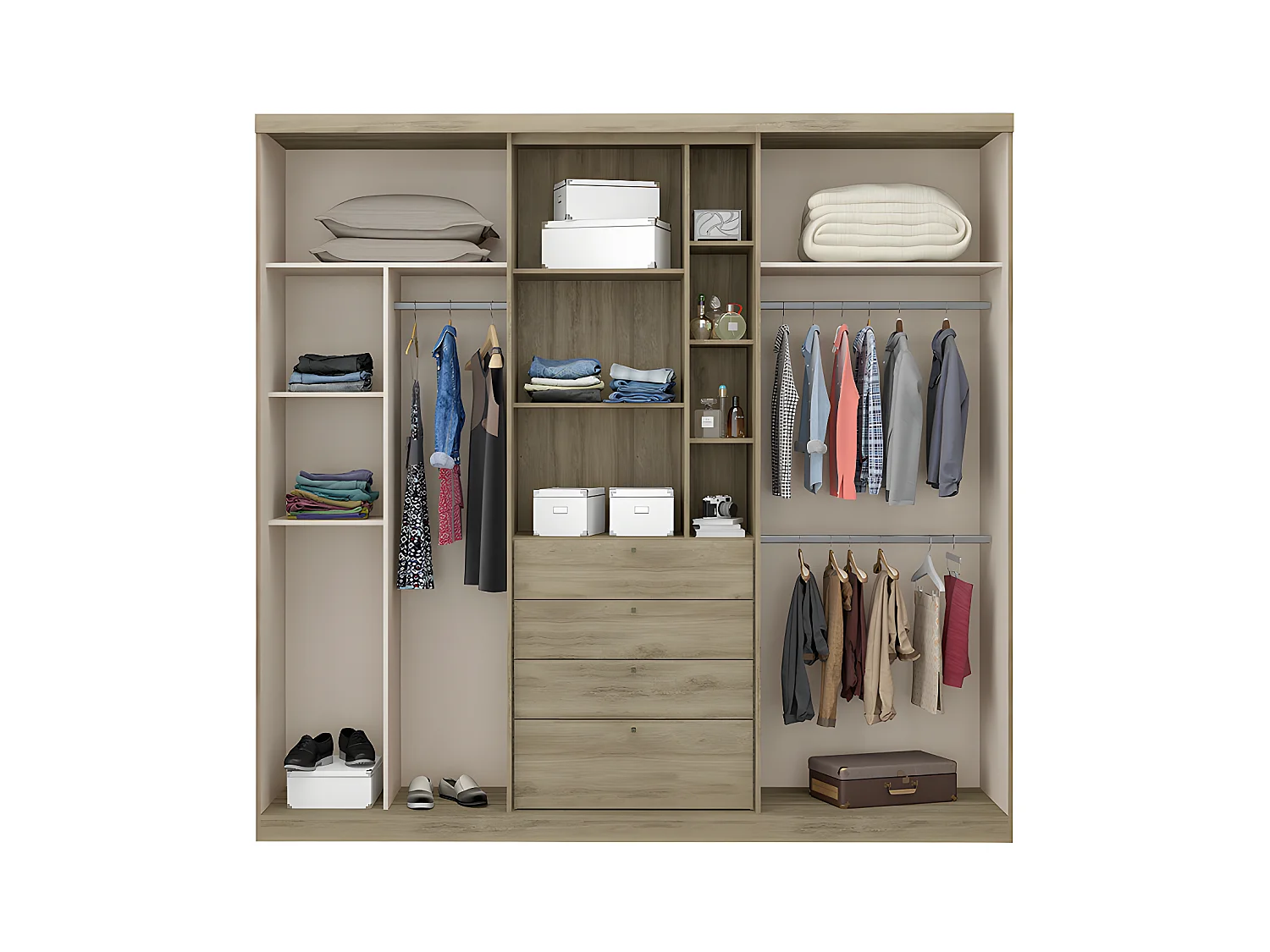 Armario 2 puertas correderas - Espejo y cajones - L.240cm - Natural y marfil - BODIL II