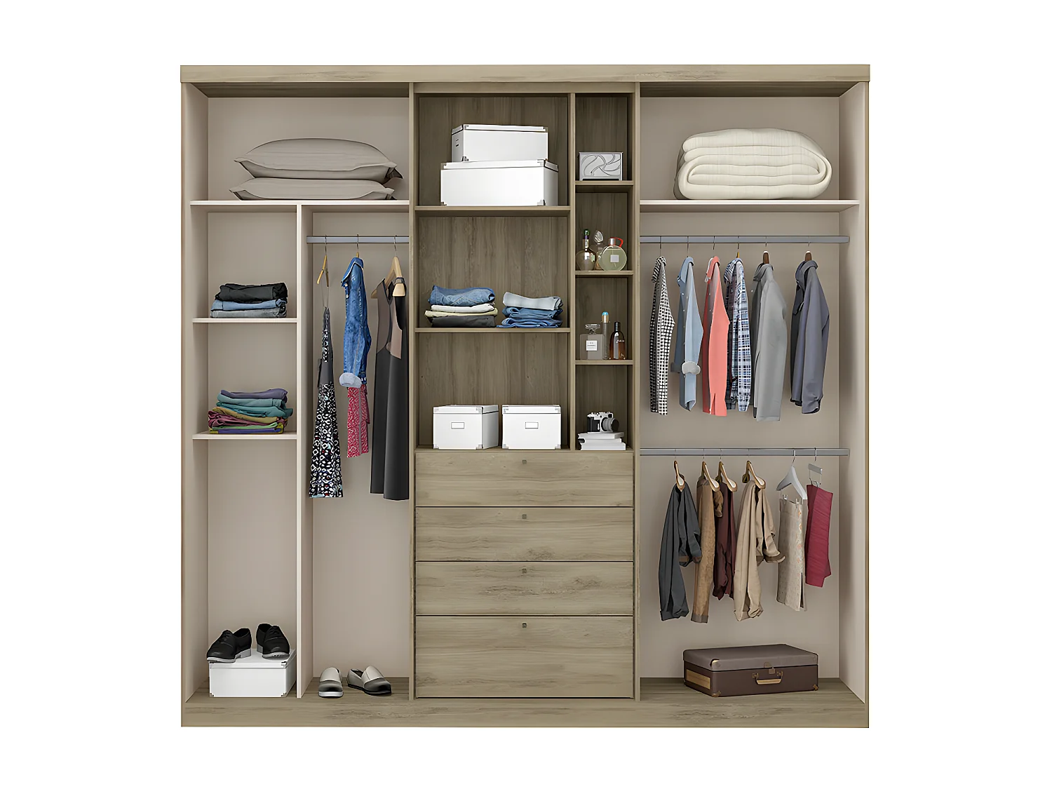 Armário BODIL - portas deslizantes - Espelho e gavetas - C240 cm - Carvalho e marfim