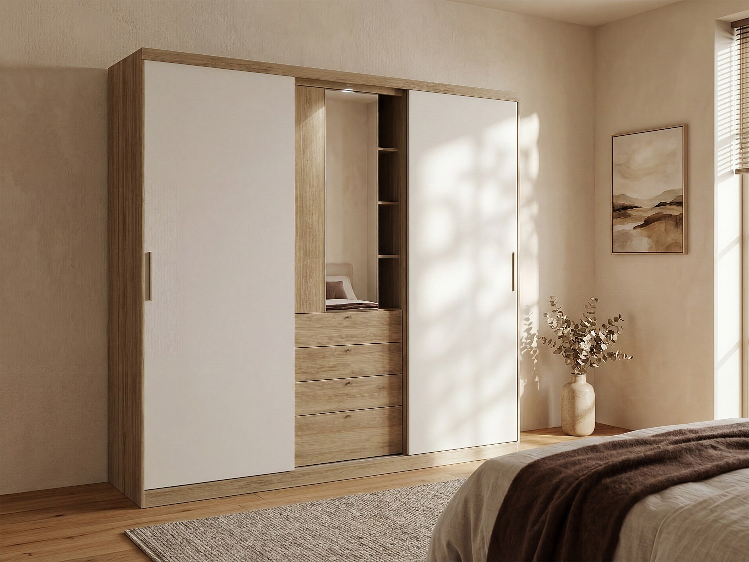 Vente-uniquecom - Kleiderschrank mit 2 Schiebetüren & Schubladen + Spiegel - b 240 cm - Naturfarben & Elfenbein - bodil ii - Naturfarben hell