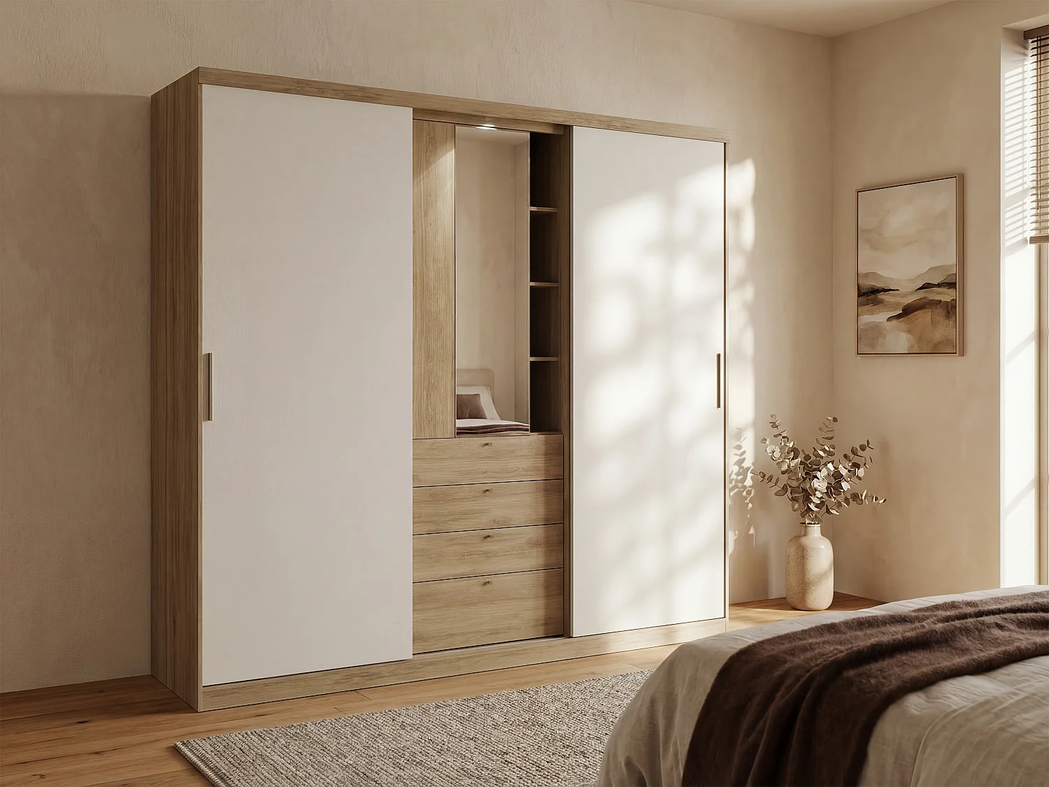 Kledingkast - Schuifdeuren - Spiegel en laden - L240 cm - Naturel en ivoorkleur - BODIL II