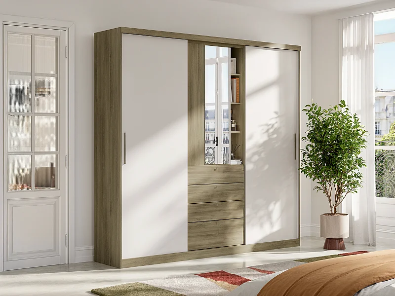 Armadio 2 ante scorrevoli con specchio e cassetti  L.240 cm Quercia e avorio - BODIL