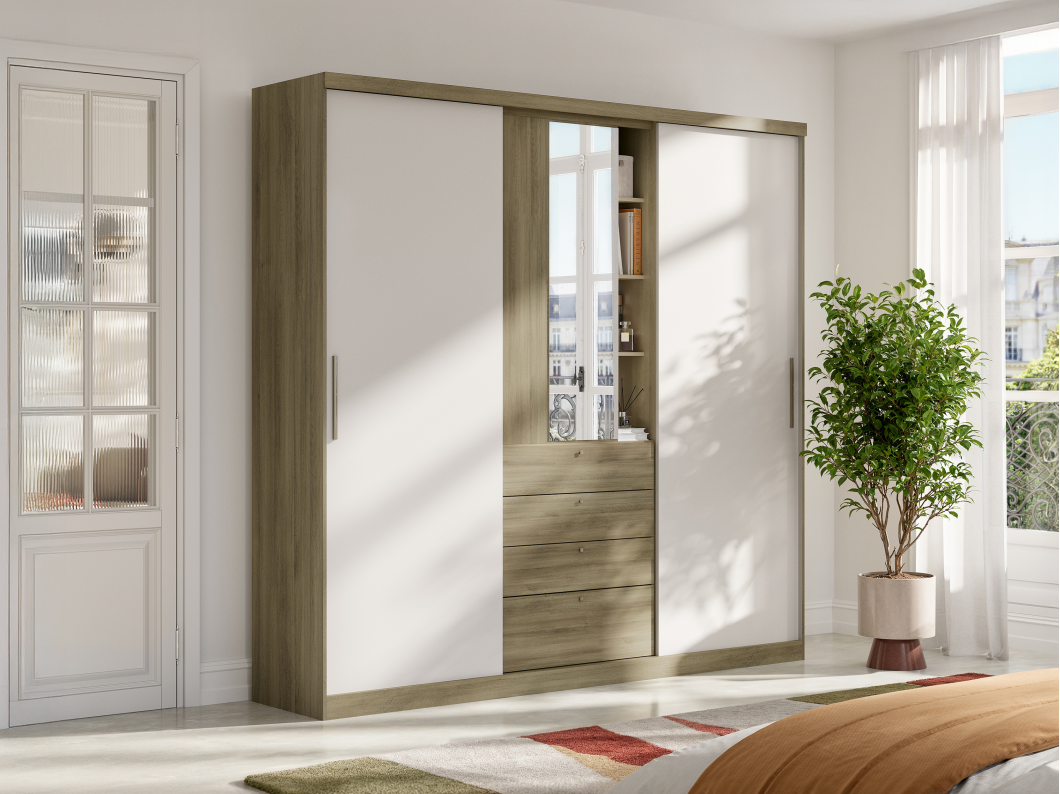 Armario 2 puertas correderas - Espejo y cajones - L.240cm - Natural y marfil - BODIL II