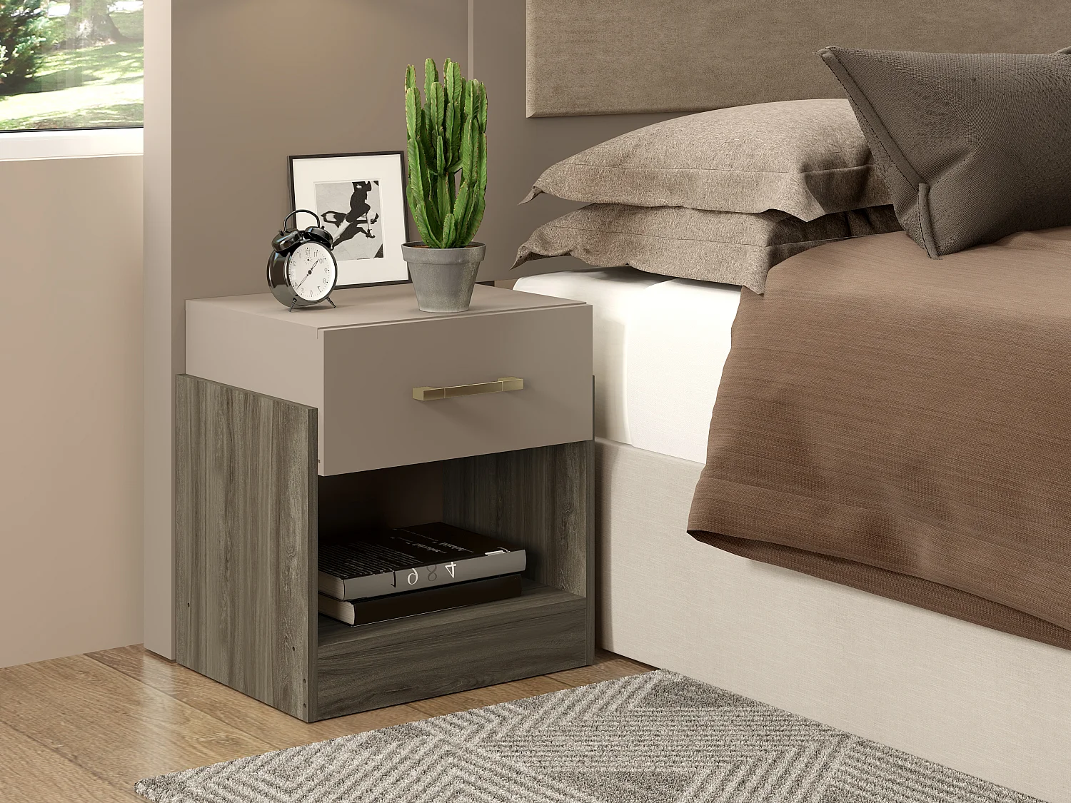 Table de chevet 1 tiroir et 1 niche - Coloris : Taupe et marron - BODIL II