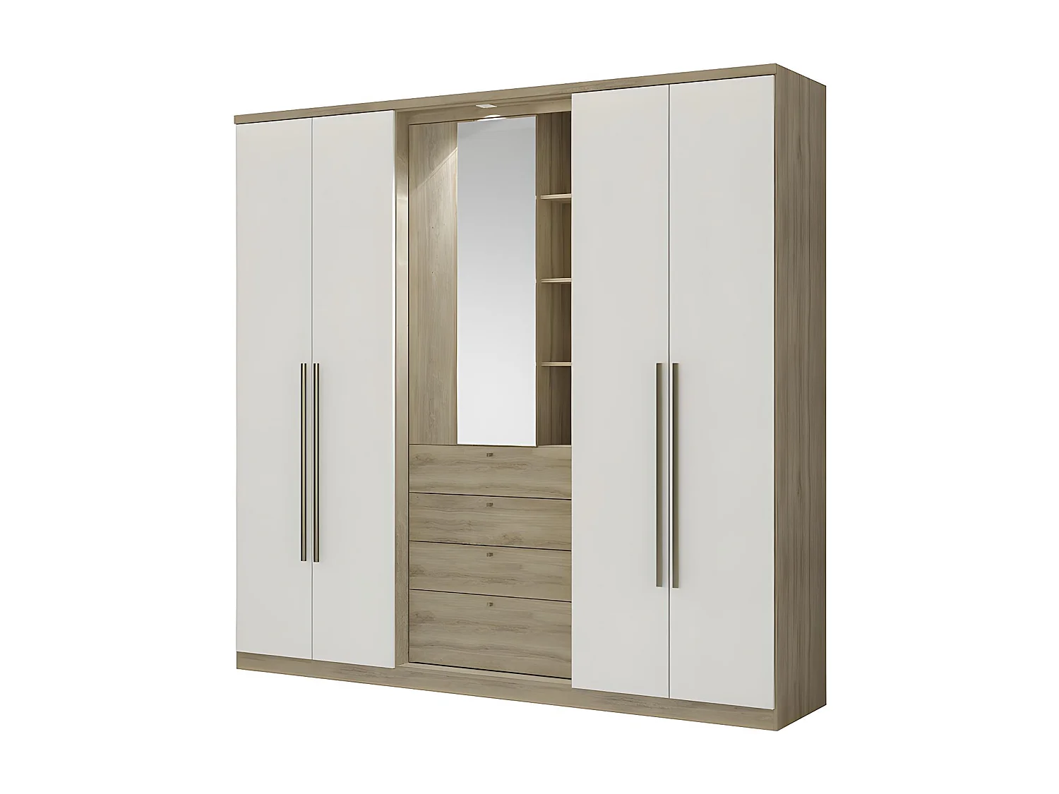 Kledingkast ISAK - 4 deuren - Spiegel en laden - L240 cm - Eiken en ivoorkleur